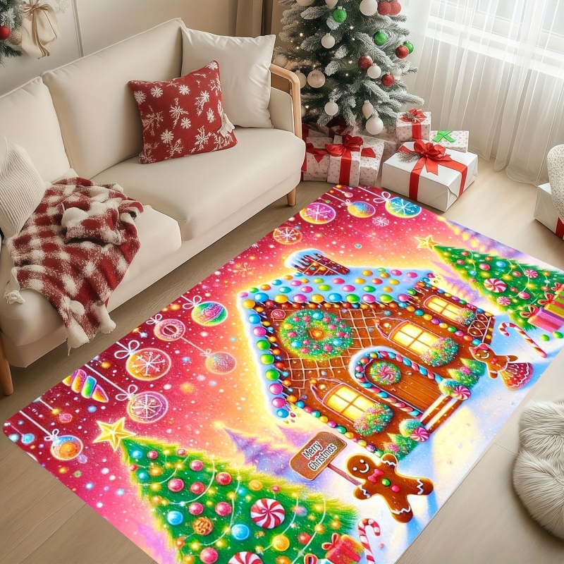 Commercial Printing House - ジンジャーブレッドハウス柄クリスマスエリアラグ、キャンディウィンタープリントフロアカーペット、室内リビングルーム用ホームデコレーションラグ