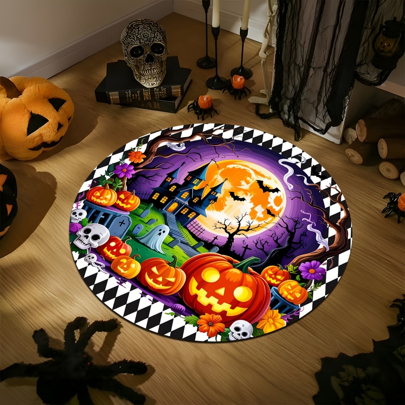 Commercial Printing House - お化け屋敷のカボチャの幽霊ハロウィン円形ラグ、コウモリの頭蓋骨と月のプリントが施された円形フロアマット、不気味な室内装飾