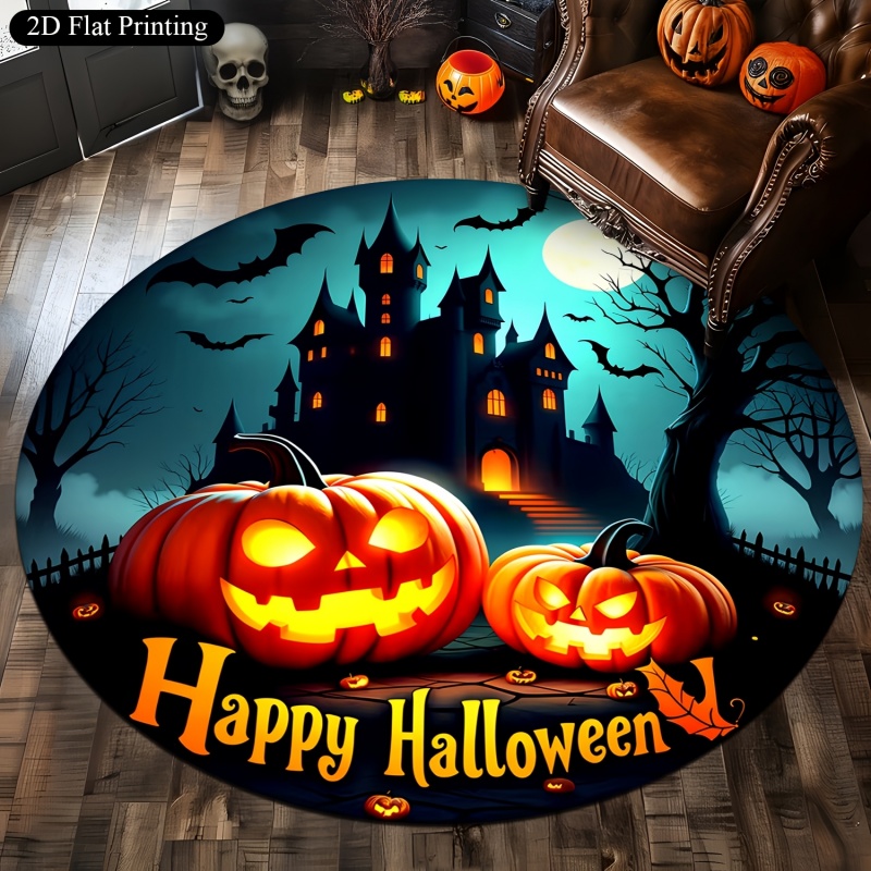 Commercial Printing House - ハッピーハロウィン パンプキン ホーンテッドハウス ラウンドラグ、コウモリと満月のプリントが施された円形フロアカーペット、不気味なホリデー室内装飾