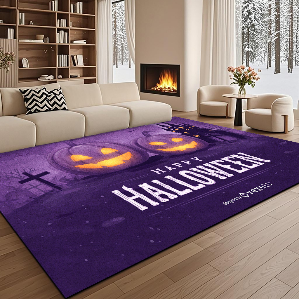Commercial Printing House - パープルのハッピーハロウィン長方形エリアラグ、カボチャの幽霊屋敷と十字架の墓石柄のフロアカーペット、不気味なリビングルームの装飾