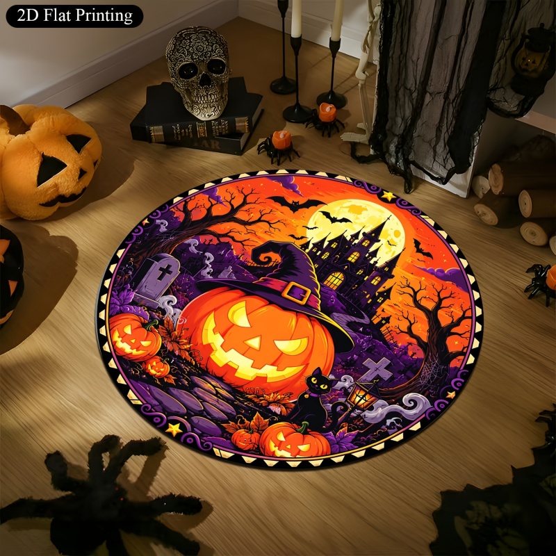 魔女の帽子とカボチャのハロウィンお化け屋敷柄円形ラグ、黒猫と - Commercial Printing House のレビューと価格