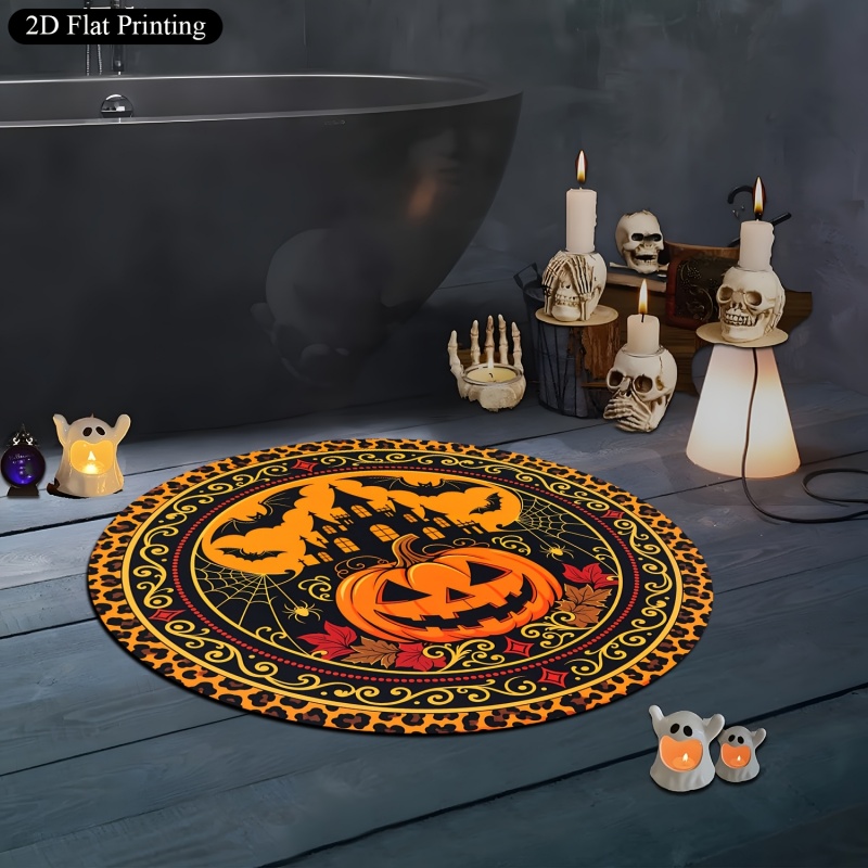 ヒョウ柄のパンプキンお化け屋敷ハロウィン円形ラグ、コウモリと - Commercial Printing House のレビューと価格