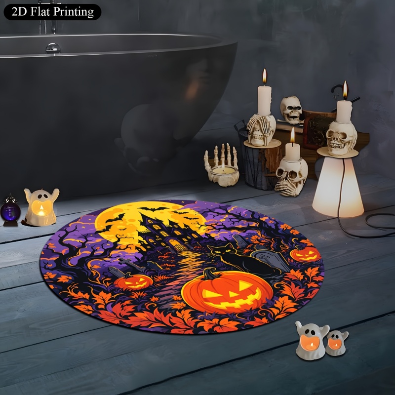 ヒョウ柄のパンプキンお化け屋敷ハロウィン円形ラグ、コウモリと - Commercial Printing House のレビューと価格