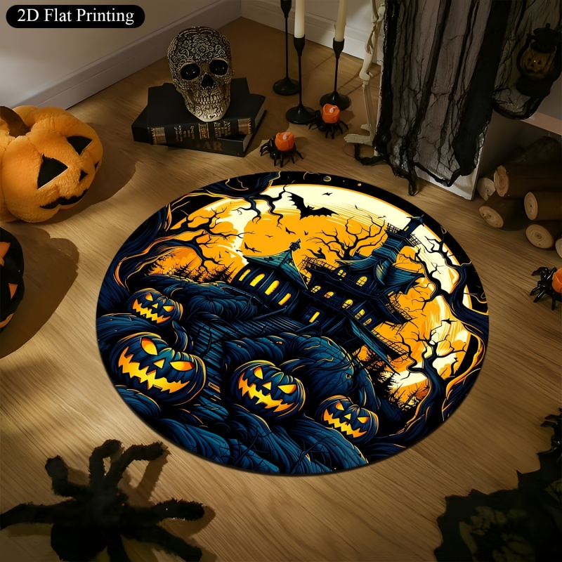 お化け屋敷のカボチャの幽霊ハロウィン円形ラグ、コウモリの頭蓋 - Commercial Printing House のレビューと価格
